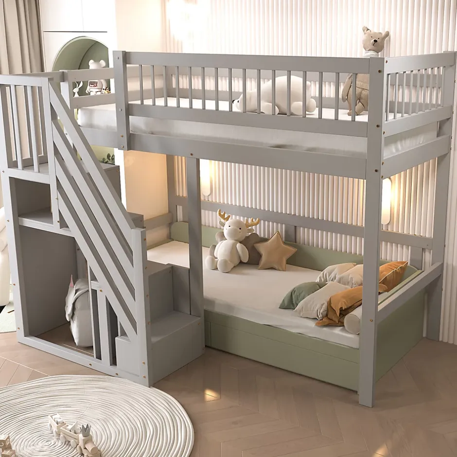 Okwish Lit Superposé 90x200 cm - Lit enfant avec Échelle et Rangement Intégré, Structure en Bois Massif, Sans Matelas - Gris Discount