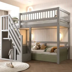 Okwish Lit Superposé 90x200 cm - Lit enfant avec Échelle et Rangement Intégré, Structure en Bois Massif, Sans Matelas - Gris Discount