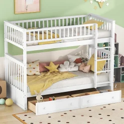 Enfant Okwish Lit Superposé 90x200 cm - Lit enfant avec 2 Tiroirs de Rangement - Bois de Pin et MDF Robuste - Blanc - Sans Matelas