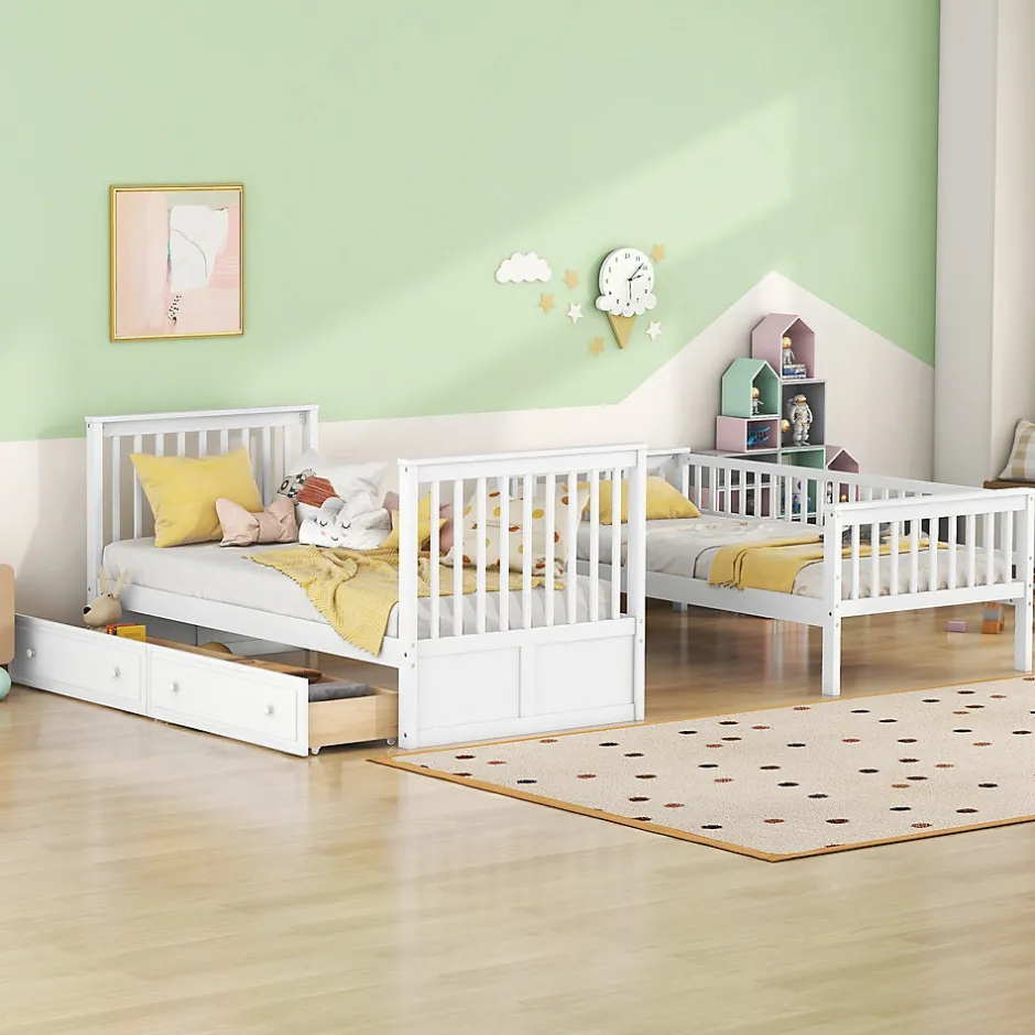 Enfant Okwish Lit Superposé 90x200 cm - Lit enfant avec 2 Tiroirs de Rangement - Bois de Pin et MDF Robuste - Blanc - Sans Matelas