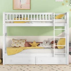 Enfant Okwish Lit Superposé 90x200 cm - Lit enfant avec 2 Tiroirs de Rangement - Bois de Pin et MDF Robuste - Blanc - Sans Matelas