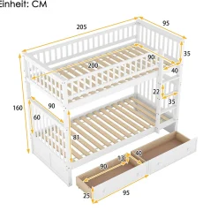 Enfant Okwish Lit Superposé 90x200 cm - Lit enfant avec 2 Tiroirs de Rangement - Bois de Pin et MDF Robuste - Blanc - Sans Matelas
