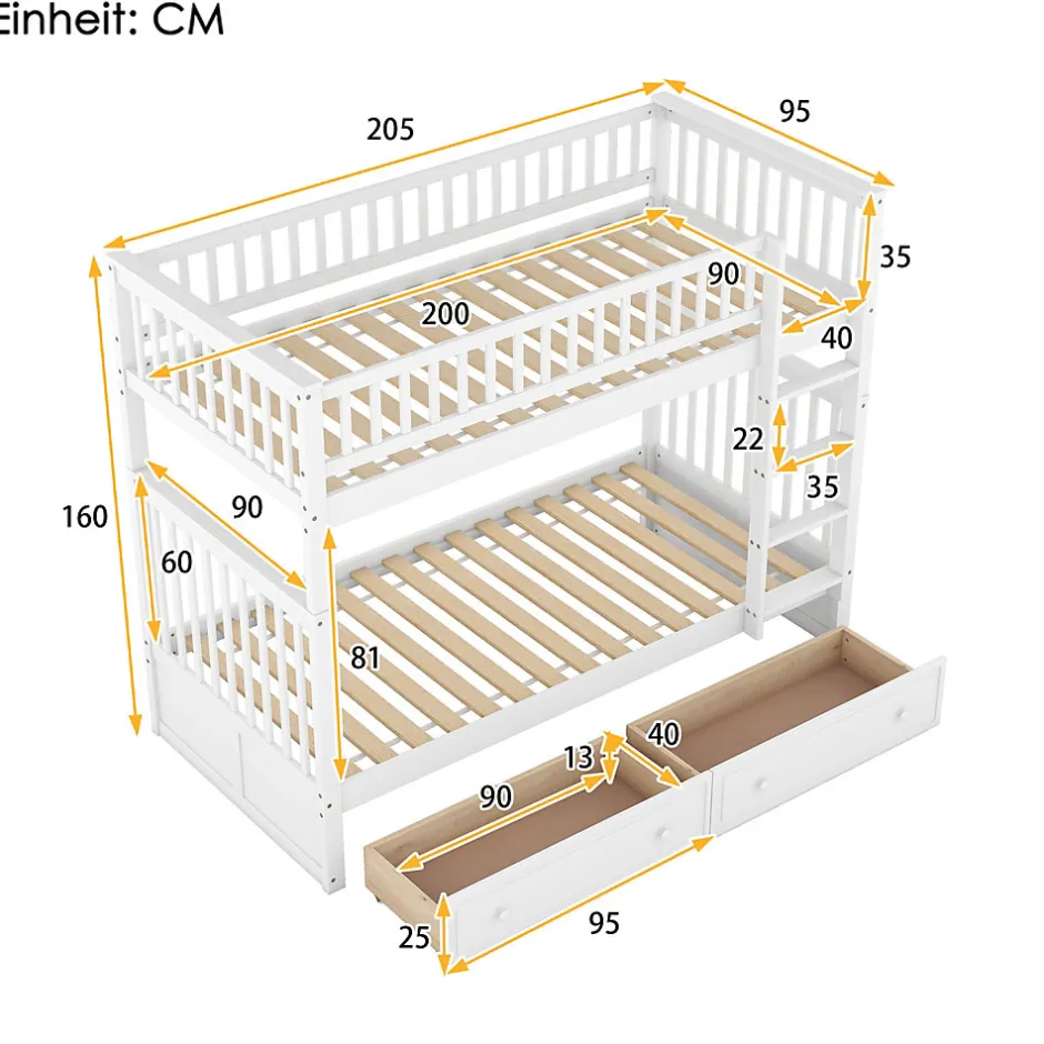 Enfant Okwish Lit Superposé 90x200 cm - Lit enfant avec 2 Tiroirs de Rangement - Bois de Pin et MDF Robuste - Blanc - Sans Matelas
