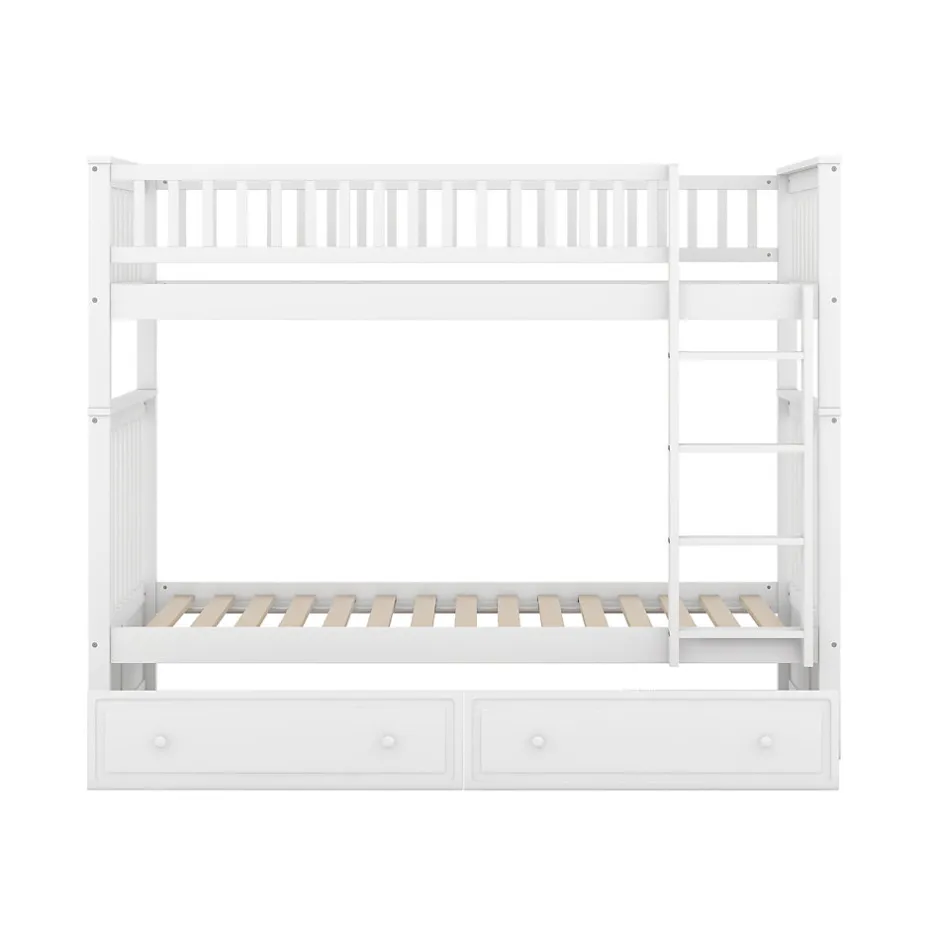 Enfant Okwish Lit Superposé 90x200 cm - Lit enfant avec 2 Tiroirs de Rangement - Bois de Pin et MDF Robuste - Blanc - Sans Matelas
