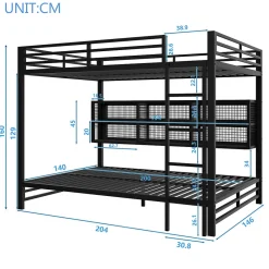 Enfant Okwish Lit Superposé 140x200 cm - Lit Enfant et Ado avec LED et Rangement, Étagères Intégrées, Sans Matelas, en Métal, Noir