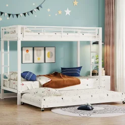 Enfant Okwish Lit Superposé 90x200 cm - Lit enfant avec Lit Gigogne Extensible, Garde-Corps Hauts, Métal, Blanc - Sans Matelas