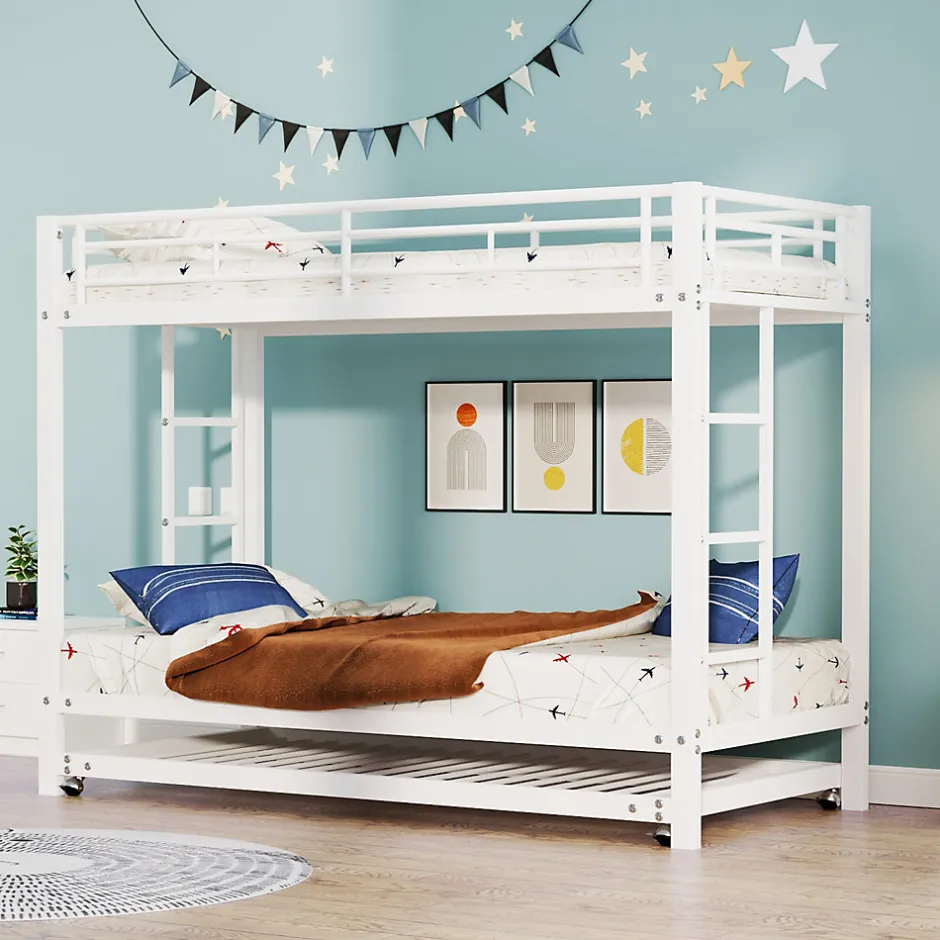 Enfant Okwish Lit Superposé 90x200 cm - Lit enfant avec Lit Gigogne Extensible, Garde-Corps Hauts, Métal, Blanc - Sans Matelas