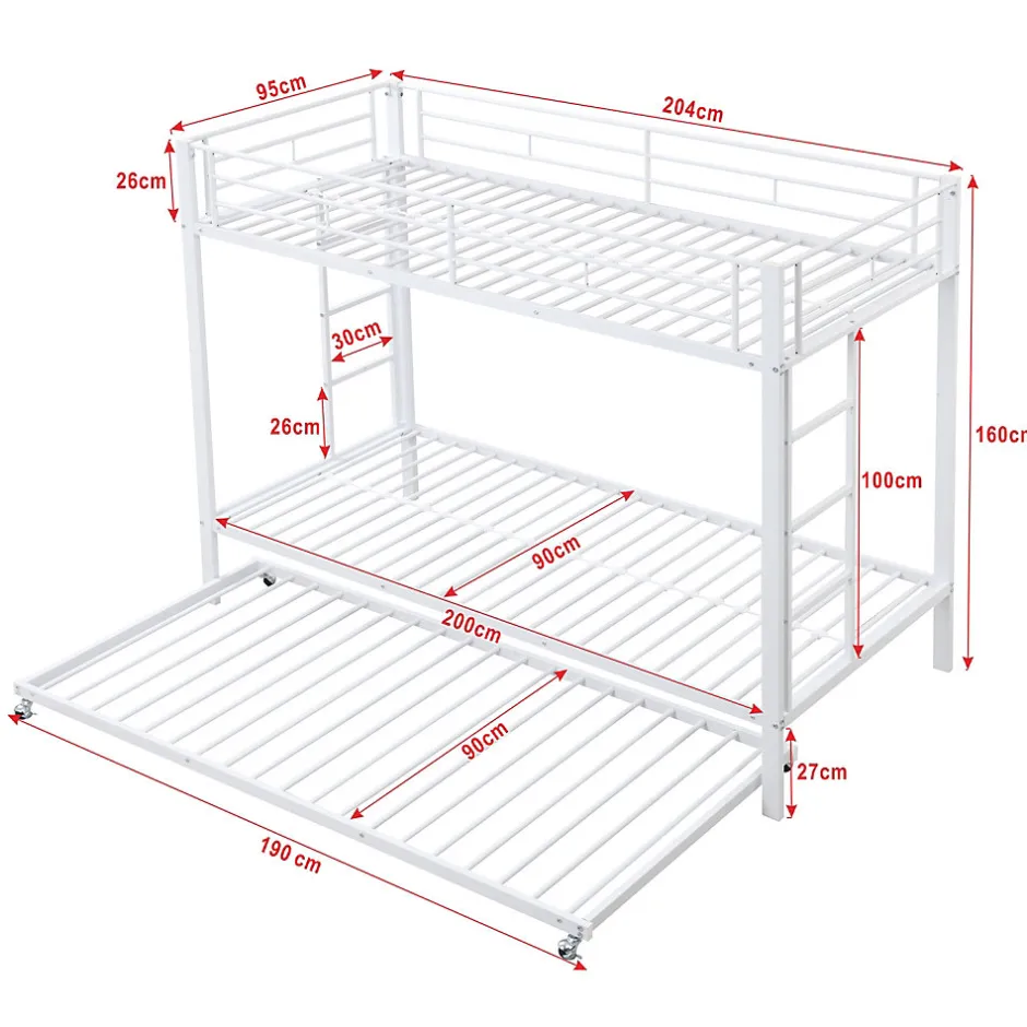 Enfant Okwish Lit Superposé 90x200 cm - Lit enfant avec Lit Gigogne Extensible, Garde-Corps Hauts, Métal, Blanc - Sans Matelas