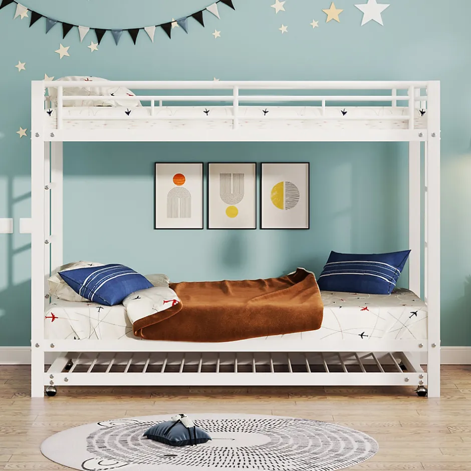 Enfant Okwish Lit Superposé 90x200 cm - Lit enfant avec Lit Gigogne Extensible, Garde-Corps Hauts, Métal, Blanc - Sans Matelas