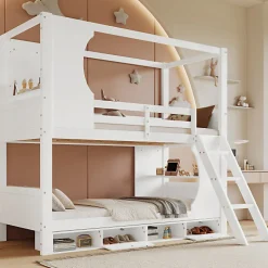Enfant Okwish Lit Superposé 90x200 cm - Lit enfant Combiné avec Armoire, Table Pratique et Escalier Sécurisé - Grand Rangement - MDF Blanc