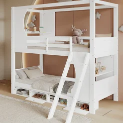 Enfant Okwish Lit Superposé 90x200 cm - Lit enfant Combiné avec Armoire, Table Pratique et Escalier Sécurisé - Grand Rangement - MDF Blanc