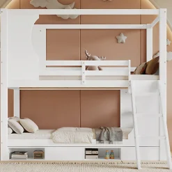 Enfant Okwish Lit Superposé 90x200 cm - Lit enfant Combiné avec Armoire, Table Pratique et Escalier Sécurisé - Grand Rangement - MDF Blanc