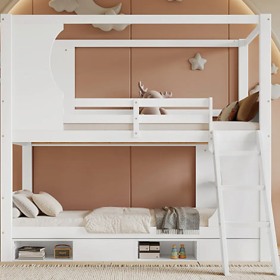 Enfant Okwish Lit Superposé 90x200 cm - Lit enfant Combiné avec Armoire, Table Pratique et Escalier Sécurisé - Grand Rangement - MDF Blanc