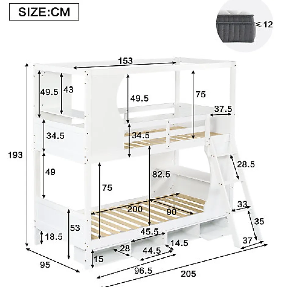Enfant Okwish Lit Superposé 90x200 cm - Lit enfant Combiné avec Armoire, Table Pratique et Escalier Sécurisé - Grand Rangement - MDF Blanc