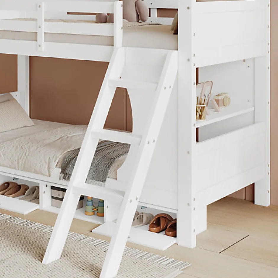 Enfant Okwish Lit Superposé 90x200 cm - Lit enfant Combiné avec Armoire, Table Pratique et Escalier Sécurisé - Grand Rangement - MDF Blanc