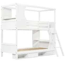 Enfant Okwish Lit Superposé 90x200 cm - Lit enfant Combiné avec Armoire, Table Pratique et Escalier Sécurisé - Grand Rangement - MDF Blanc