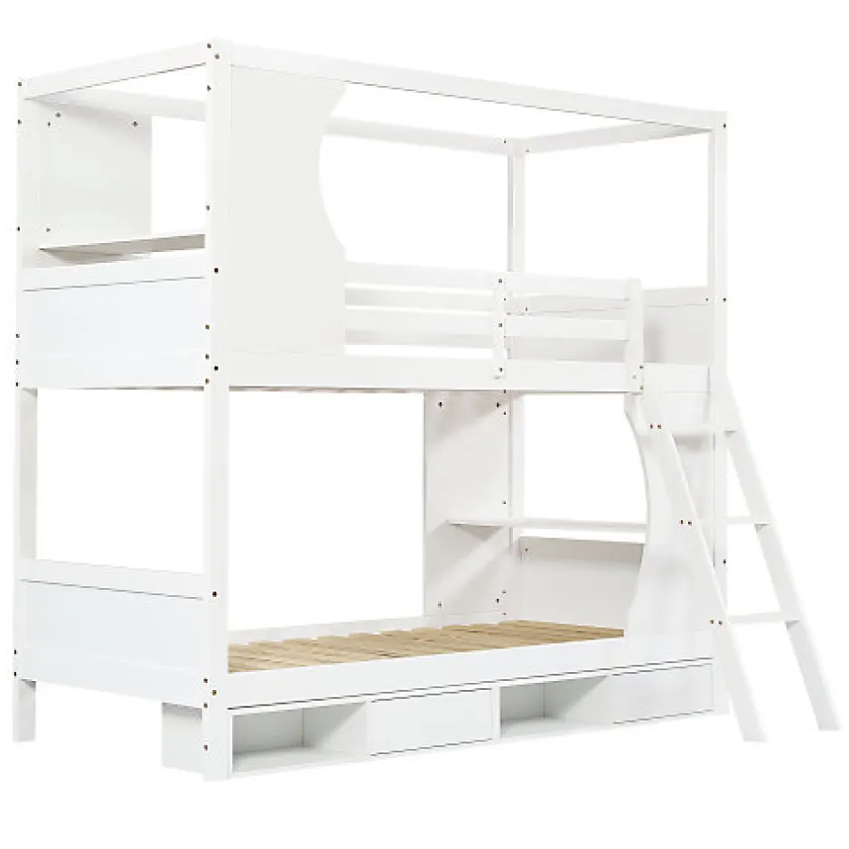 Enfant Okwish Lit Superposé 90x200 cm - Lit enfant Combiné avec Armoire, Table Pratique et Escalier Sécurisé - Grand Rangement - MDF Blanc