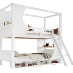 Enfant Okwish Lit Superposé 90x200 cm - Lit enfant Combiné avec Armoire, Table Pratique et Escalier Sécurisé - Grand Rangement - MDF Blanc