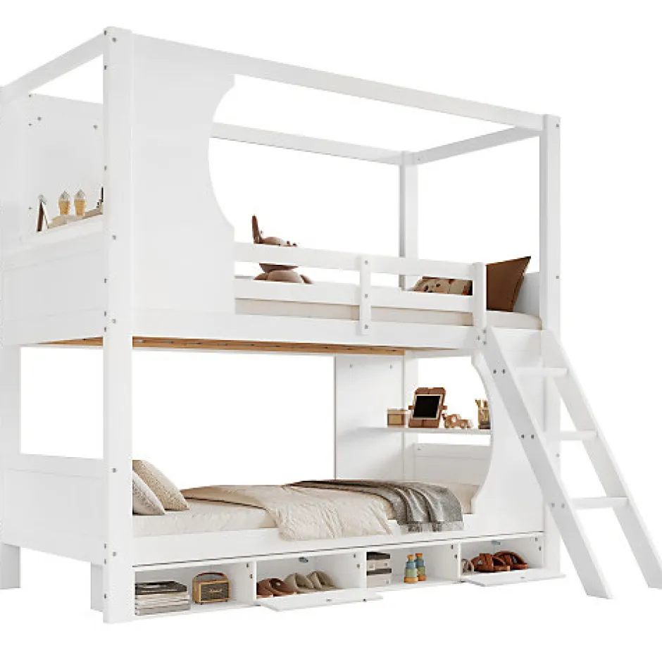 Enfant Okwish Lit Superposé 90x200 cm - Lit enfant Combiné avec Armoire, Table Pratique et Escalier Sécurisé - Grand Rangement - MDF Blanc