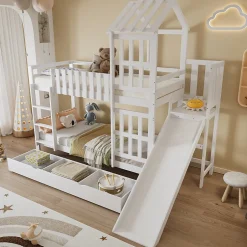 Enfant Okwish Lit superposé 90x200 cm - Lit enfant avec espacement de 92,8 cm - Bois massif + MDF - Sans matelas - Blanc