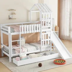 Enfant Okwish Lit superposé 90x200 cm - Lit enfant avec espacement de 92,8 cm - Bois massif + MDF - Sans matelas - Blanc