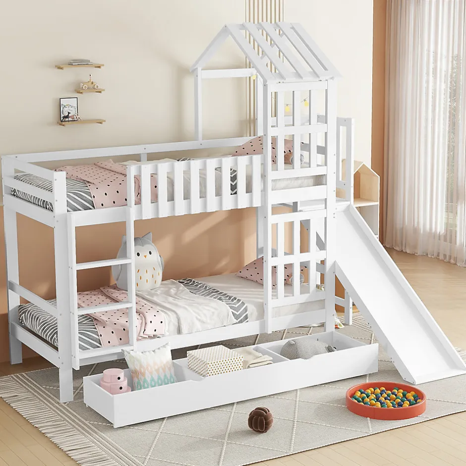 Enfant Okwish Lit superposé 90x200 cm - Lit enfant avec espacement de 92,8 cm - Bois massif + MDF - Sans matelas - Blanc
