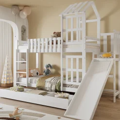 Enfant Okwish Lit superposé 90x200 cm - Lit enfant avec espacement de 92,8 cm - Bois massif + MDF - Sans matelas - Blanc