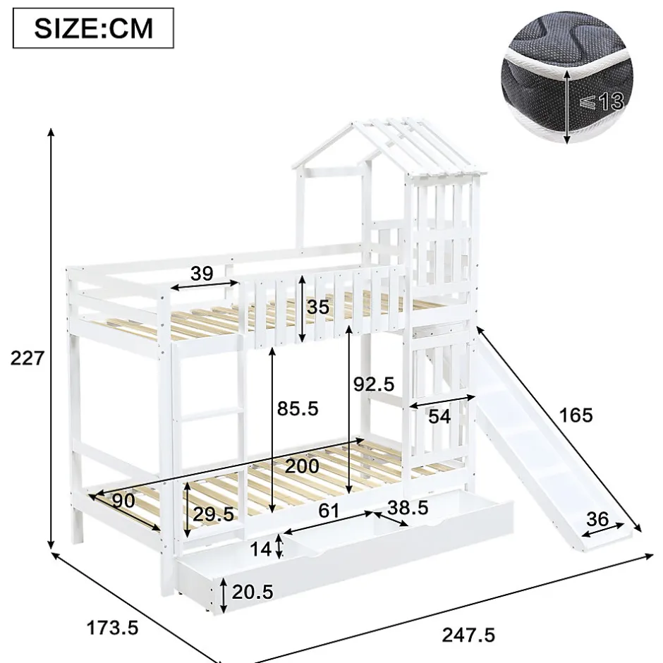 Enfant Okwish Lit superposé 90x200 cm - Lit enfant avec espacement de 92,8 cm - Bois massif + MDF - Sans matelas - Blanc
