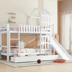 Enfant Okwish Lit superposé 90x200 cm - Lit enfant avec espacement de 92,8 cm - Bois massif + MDF - Sans matelas - Blanc
