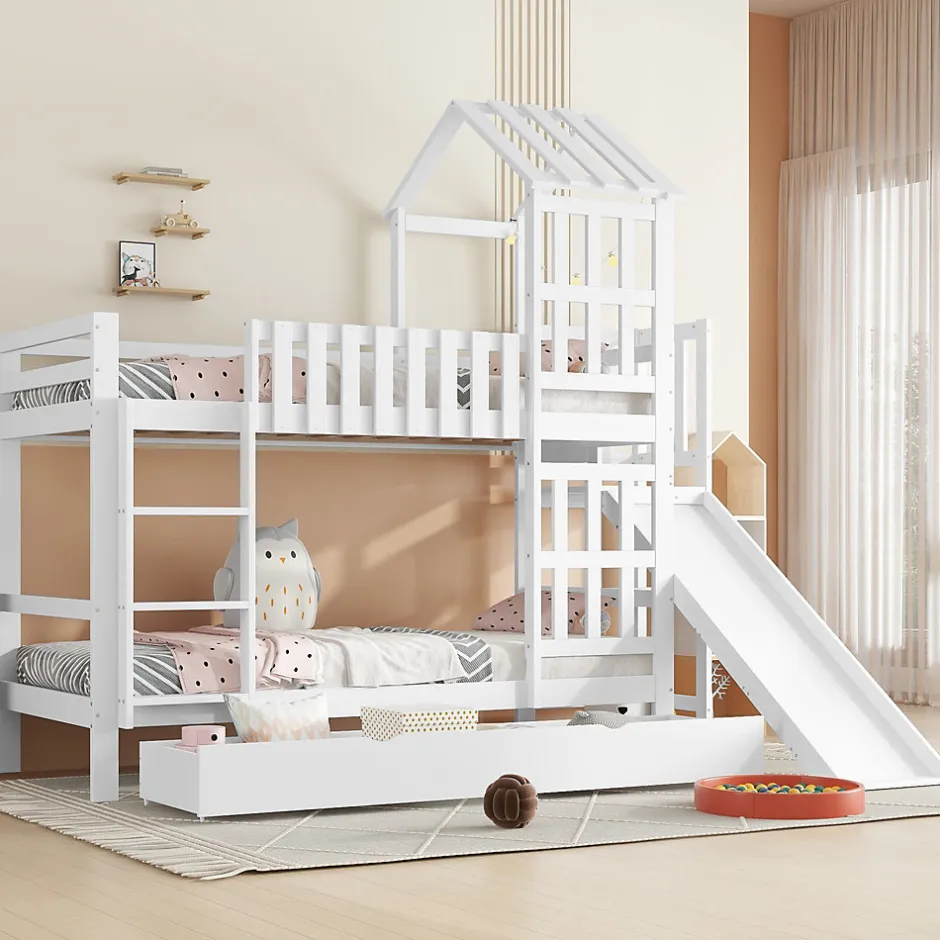 Enfant Okwish Lit superposé 90x200 cm - Lit enfant avec espacement de 92,8 cm - Bois massif + MDF - Sans matelas - Blanc