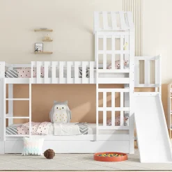 Enfant Okwish Lit superposé 90x200 cm - Lit enfant avec espacement de 92,8 cm - Bois massif + MDF - Sans matelas - Blanc