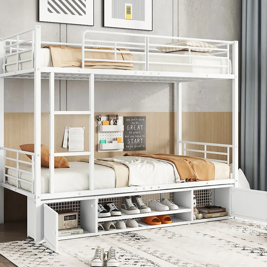 Enfant Okwish Lit Superposé 90x200 cm - Lit enfant en Métal avec Rangement Chaussures et 2 Tiroirs, Protection Latérale - Sans Matelas - Blanc