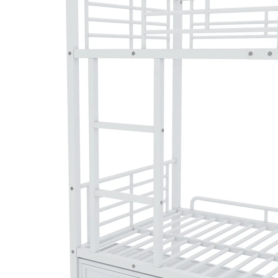 Enfant Okwish Lit Superposé 90x200 cm - Lit enfant en Métal avec Rangement Chaussures et 2 Tiroirs, Protection Latérale - Sans Matelas - Blanc