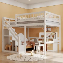 Enfant Okwish Lit superposé 140x200 cm - Lit enfant avec escalier et rangement - Pin massif + MDF - Sans matelas - Blanc