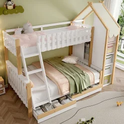 Enfant Okwish Lit Superposé 90x200 cm - Lit Enfant avec 2 Tiroirs et Barrières de Sécurité - Design Bois - Sans Matelas - Blanc+Naturel