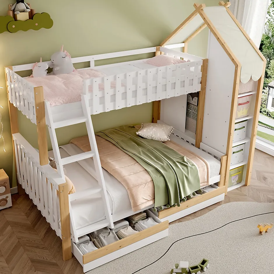Enfant Okwish Lit Superposé 90x200 cm - Lit Enfant avec 2 Tiroirs et Barrières de Sécurité - Design Bois - Sans Matelas - Blanc+Naturel