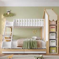 Enfant Okwish Lit Superposé 90x200 cm - Lit Enfant avec 2 Tiroirs et Barrières de Sécurité - Design Bois - Sans Matelas - Blanc+Naturel