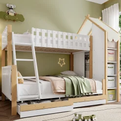 Enfant Okwish Lit Superposé 90x200 cm - Lit Enfant avec 2 Tiroirs et Barrières de Sécurité - Design Bois - Sans Matelas - Blanc+Naturel