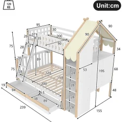 Enfant Okwish Lit Superposé 90x200 cm - Lit Enfant avec 2 Tiroirs et Barrières de Sécurité - Design Bois - Sans Matelas - Blanc+Naturel