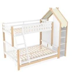 Enfant Okwish Lit Superposé 90x200 cm - Lit Enfant avec 2 Tiroirs et Barrières de Sécurité - Design Bois - Sans Matelas - Blanc+Naturel