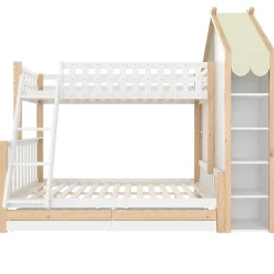Enfant Okwish Lit Superposé 90x200 cm - Lit Enfant avec 2 Tiroirs et Barrières de Sécurité - Design Bois - Sans Matelas - Blanc+Naturel