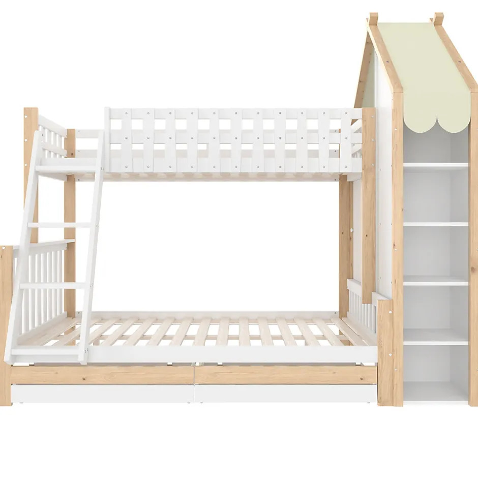 Enfant Okwish Lit Superposé 90x200 cm - Lit Enfant avec 2 Tiroirs et Barrières de Sécurité - Design Bois - Sans Matelas - Blanc+Naturel