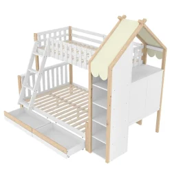Enfant Okwish Lit Superposé 90x200 cm - Lit Enfant avec 2 Tiroirs et Barrières de Sécurité - Design Bois - Sans Matelas - Blanc+Naturel