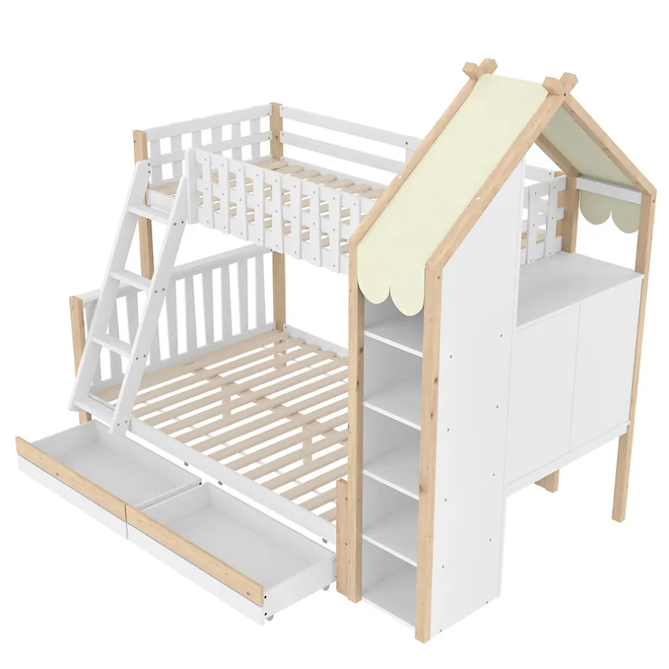 Enfant Okwish Lit Superposé 90x200 cm - Lit Enfant avec 2 Tiroirs et Barrières de Sécurité - Design Bois - Sans Matelas - Blanc+Naturel