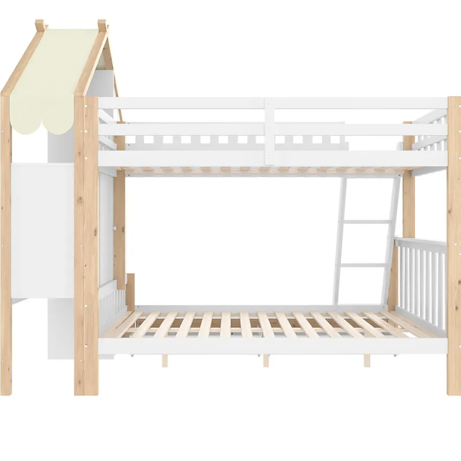 Enfant Okwish Lit Superposé 90x200 cm - Lit Enfant avec 2 Tiroirs et Barrières de Sécurité - Design Bois - Sans Matelas - Blanc+Naturel