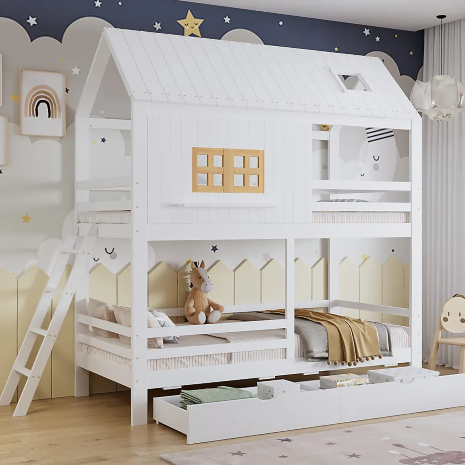Enfant Okwish Lit Superposé 90x200 cm - Lit Enfant Cabane avec Toit, Fenêtres et Échelle, 2 Grands Tiroirs, MDF, Blanc et Naturel, sans Matelas