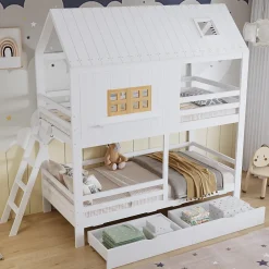 Enfant Okwish Lit Superposé 90x200 cm - Lit Enfant Cabane avec Toit, Fenêtres et Échelle, 2 Grands Tiroirs, MDF, Blanc et Naturel, sans Matelas