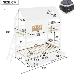 Enfant Okwish Lit Superposé 90x200 cm - Lit Enfant Cabane avec Toit, Fenêtres et Échelle, 2 Grands Tiroirs, MDF, Blanc et Naturel, sans Matelas