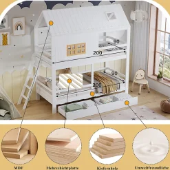 Enfant Okwish Lit Superposé 90x200 cm - Lit Enfant Cabane avec Toit, Fenêtres et Échelle, 2 Grands Tiroirs, MDF, Blanc et Naturel, sans Matelas