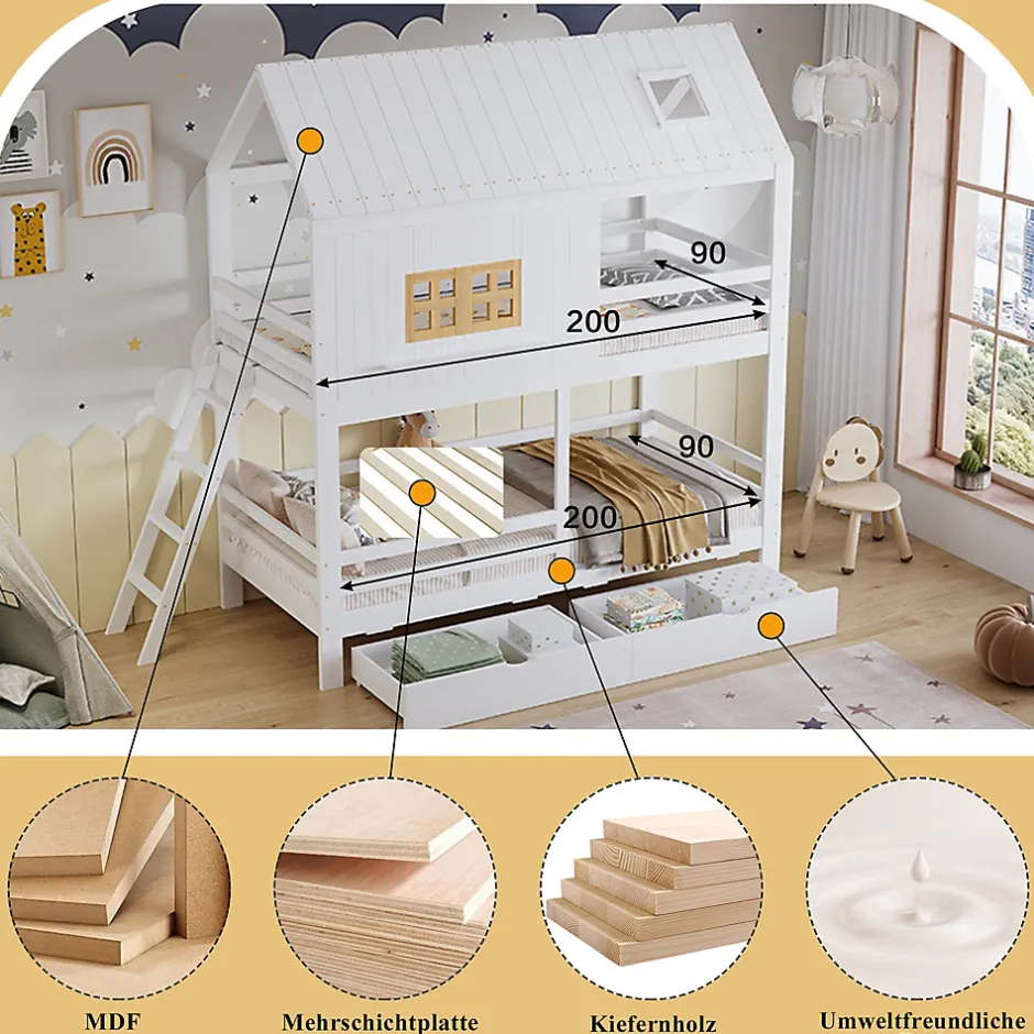 Enfant Okwish Lit Superposé 90x200 cm - Lit Enfant Cabane avec Toit, Fenêtres et Échelle, 2 Grands Tiroirs, MDF, Blanc et Naturel, sans Matelas